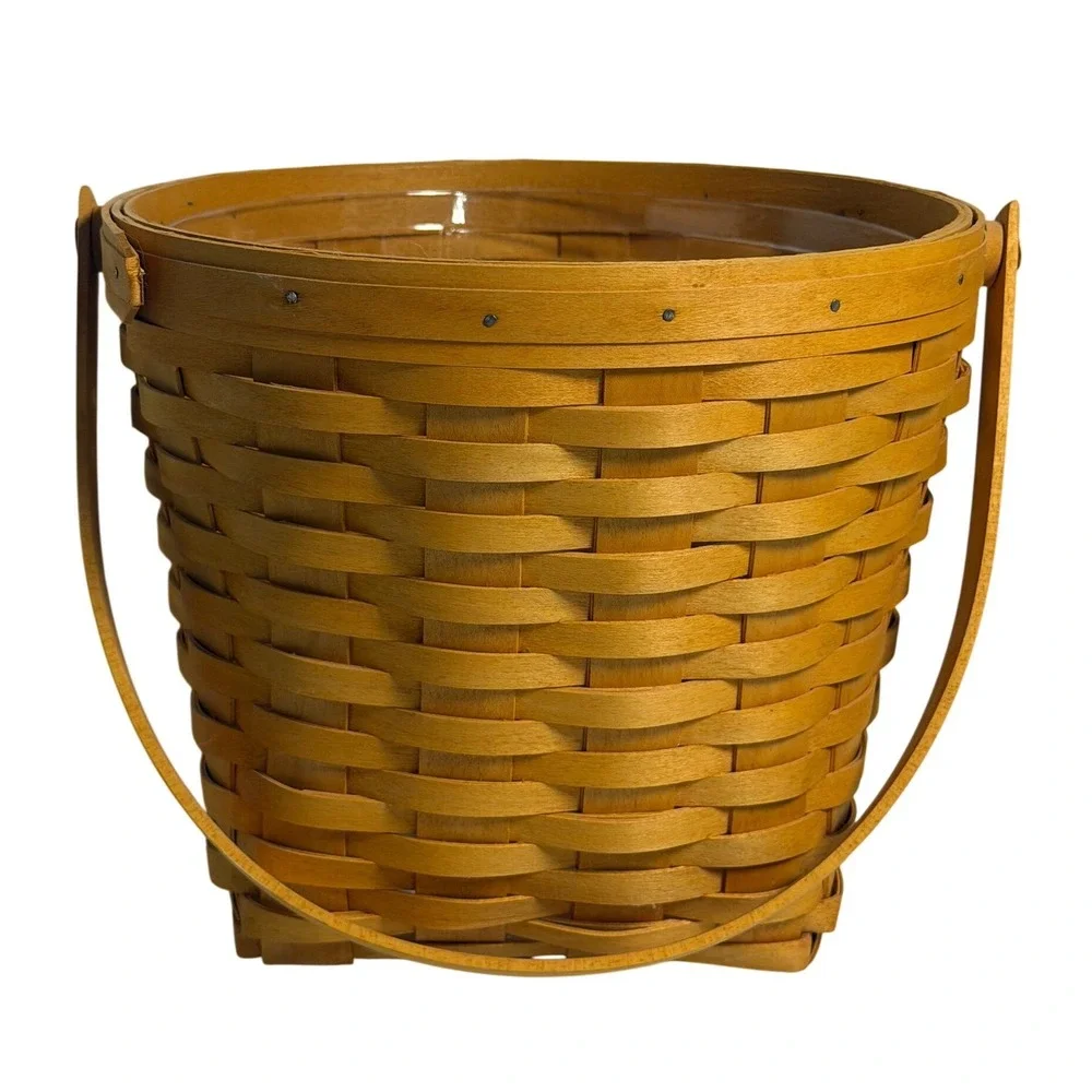 VTG Longaberger Basket Round Brown Woven Wood Plastic Liner 2002 Handwoven USA